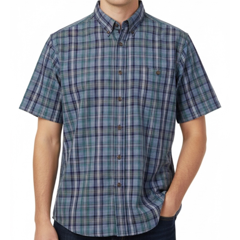 BILL BLASS Button Down Plaid Shirt, Men’s M, Blue Green Gray